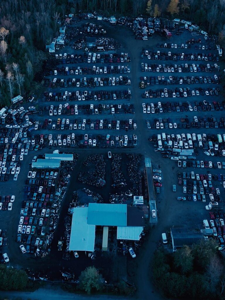 Top-down aerial view of the rows of cars at the GTA Auto Recycling yard in Newcastle, Clarington